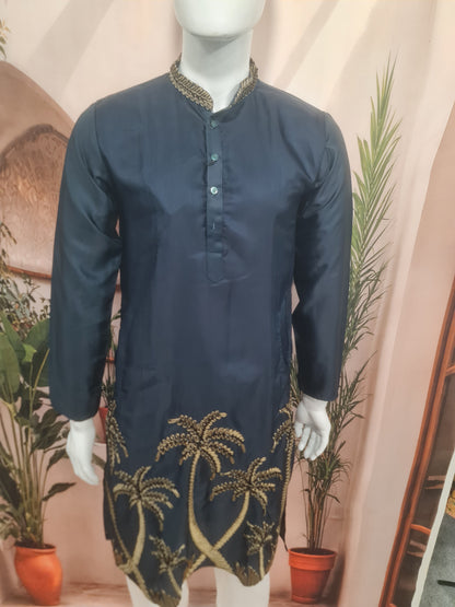 Premium Dark Blue Men's Kurta with Gold Palm Tree Embroidery | Kavlee Tradition Wear