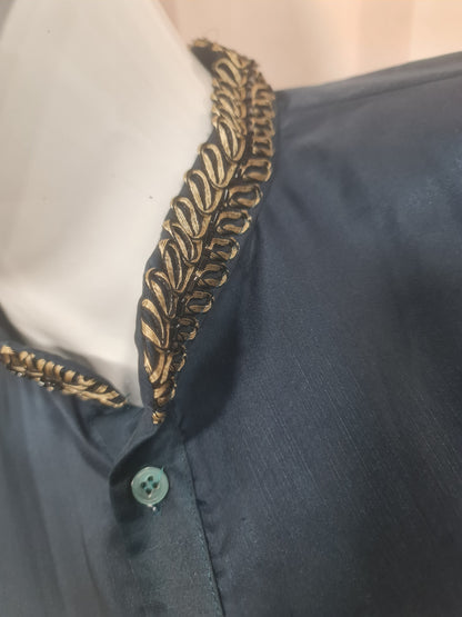 Premium Dark Blue Men's Kurta with Gold Palm Tree Embroidery | Kavlee Tradition Wear