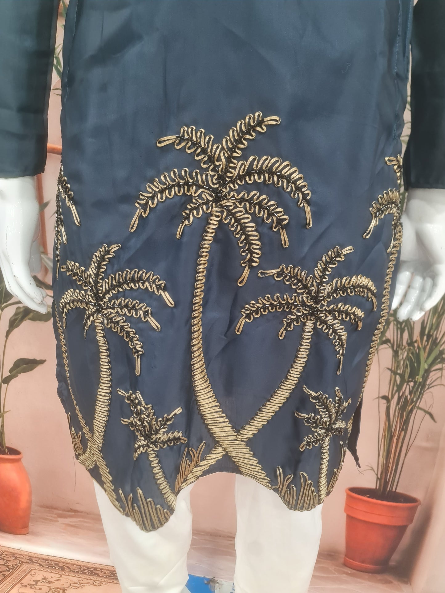 Premium Dark Blue Men's Kurta with Gold Palm Tree Embroidery | Kavlee Tradition Wear