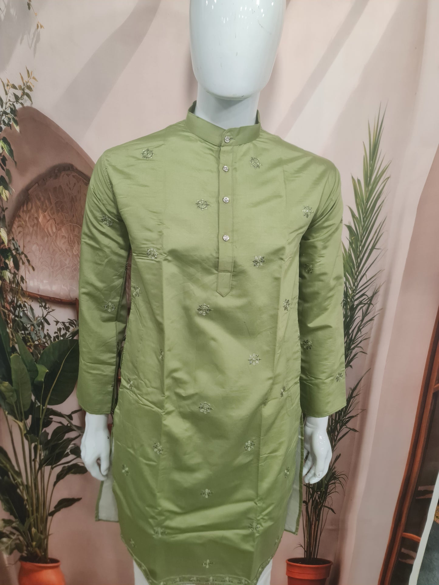 Premium Olive Green Men's Kurta with Subtle Motif Embroidery | Kavlee Tradition Wear