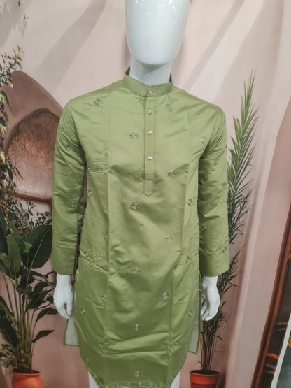 Premium Olive Green Men's Kurta with Subtle Motif Embroidery | Kavlee Tradition Wear