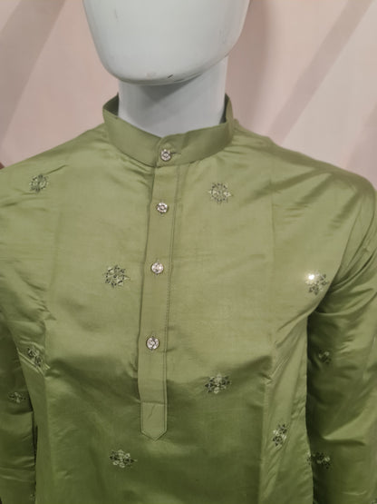 Premium Olive Green Men's Kurta with Subtle Motif Embroidery | Kavlee Tradition Wear