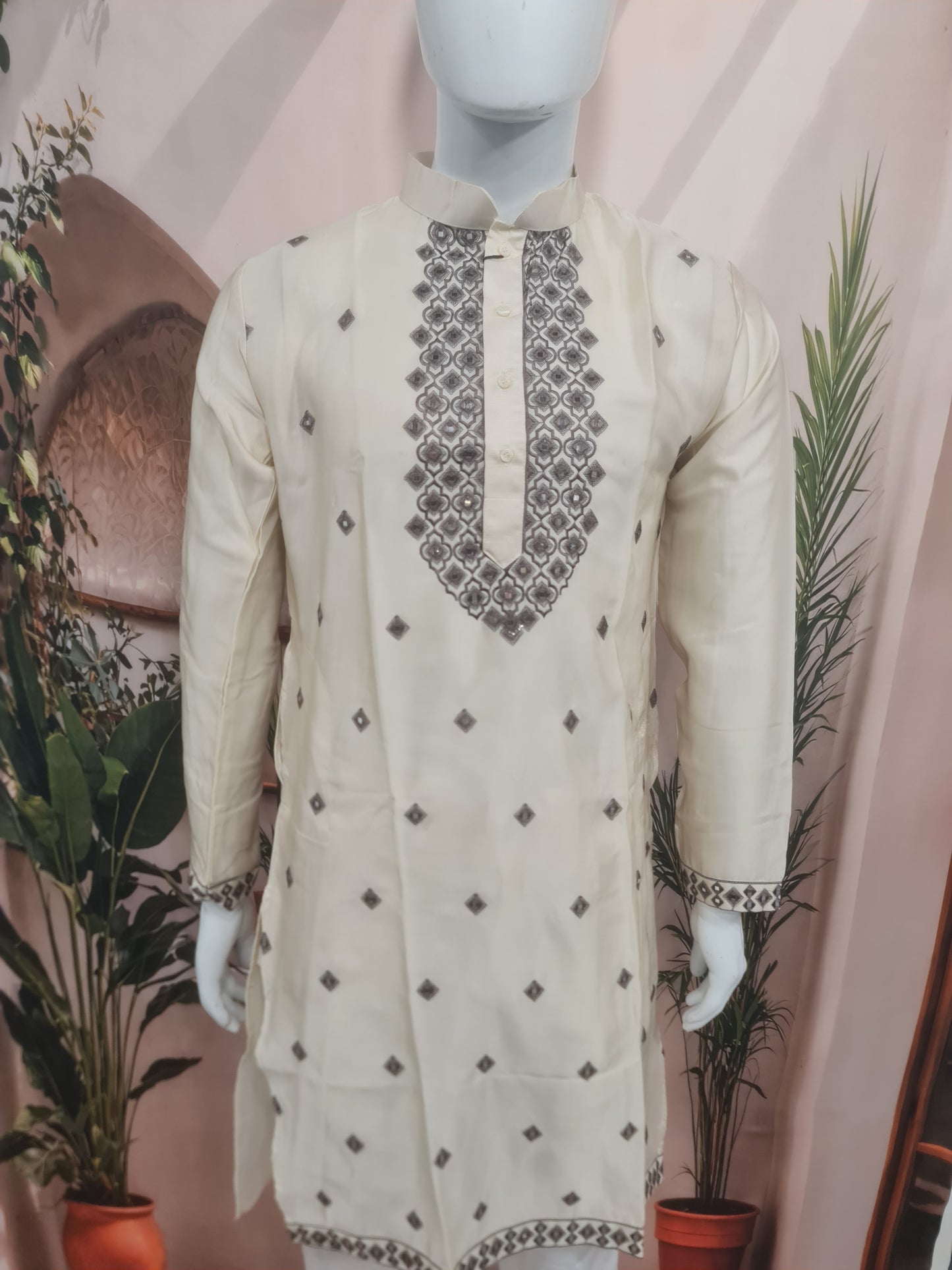 Elegant Ivory Men's Kurta with Geometric Neckline Embroidery | Kavlee Tradition Wear
