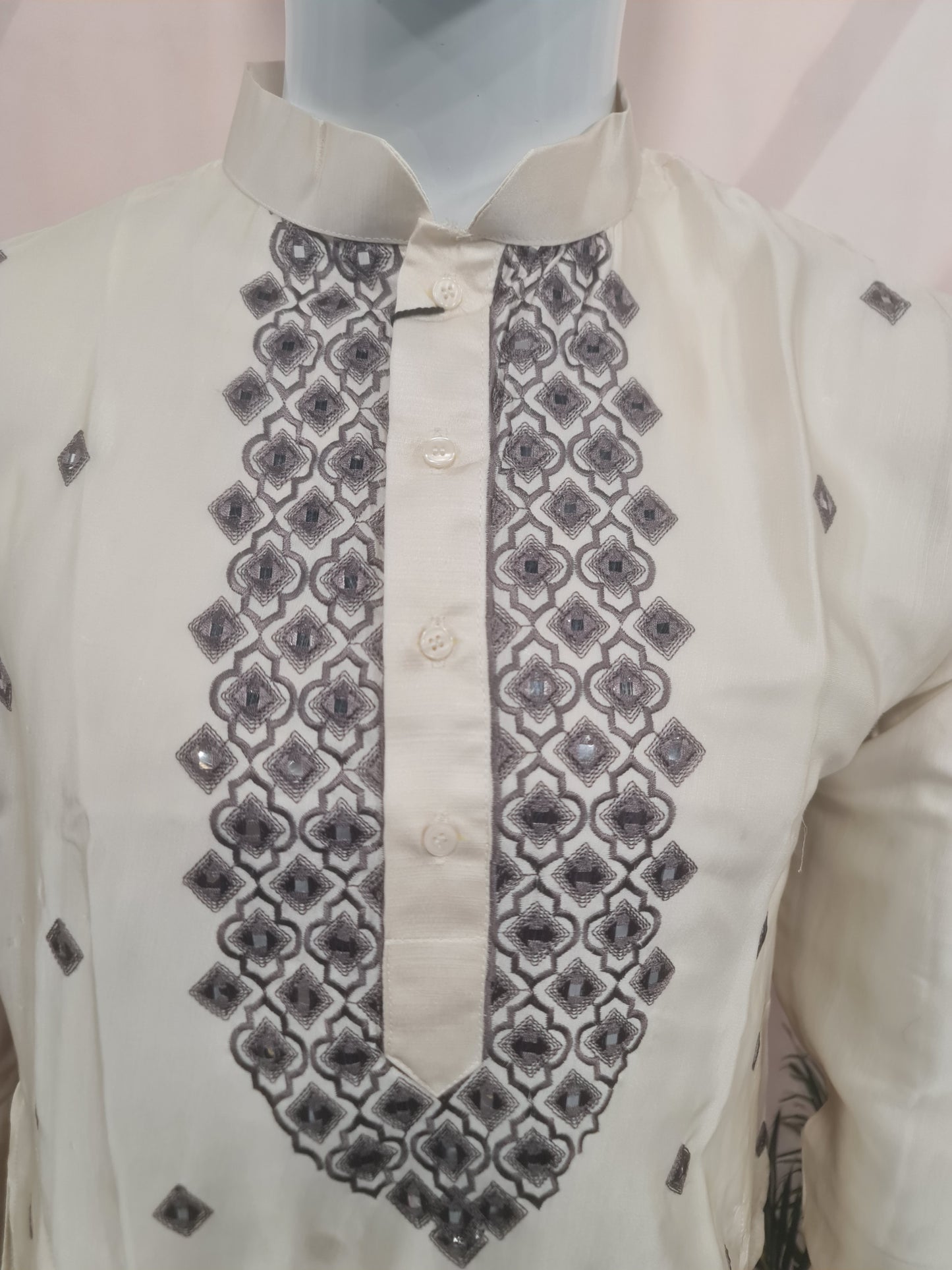 Elegant Ivory Men's Kurta with Geometric Neckline Embroidery | Kavlee Tradition Wear