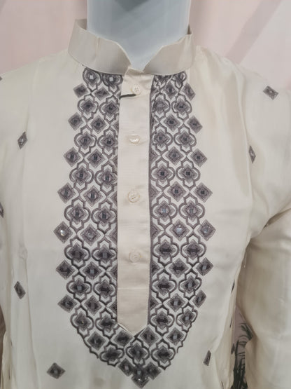 Elegant Ivory Men's Kurta with Geometric Neckline Embroidery | Kavlee Tradition Wear