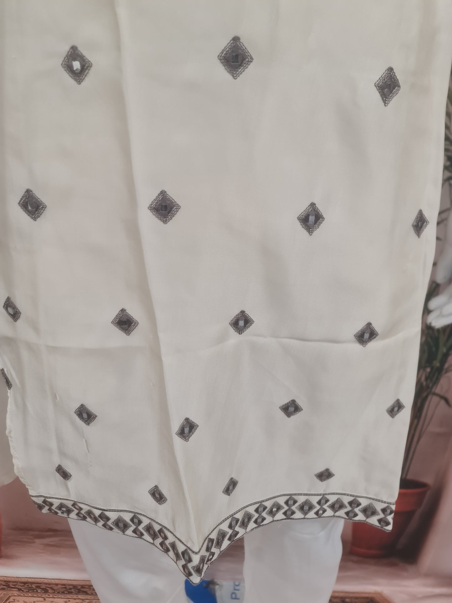Elegant Ivory Men's Kurta with Geometric Neckline Embroidery | Kavlee Tradition Wear