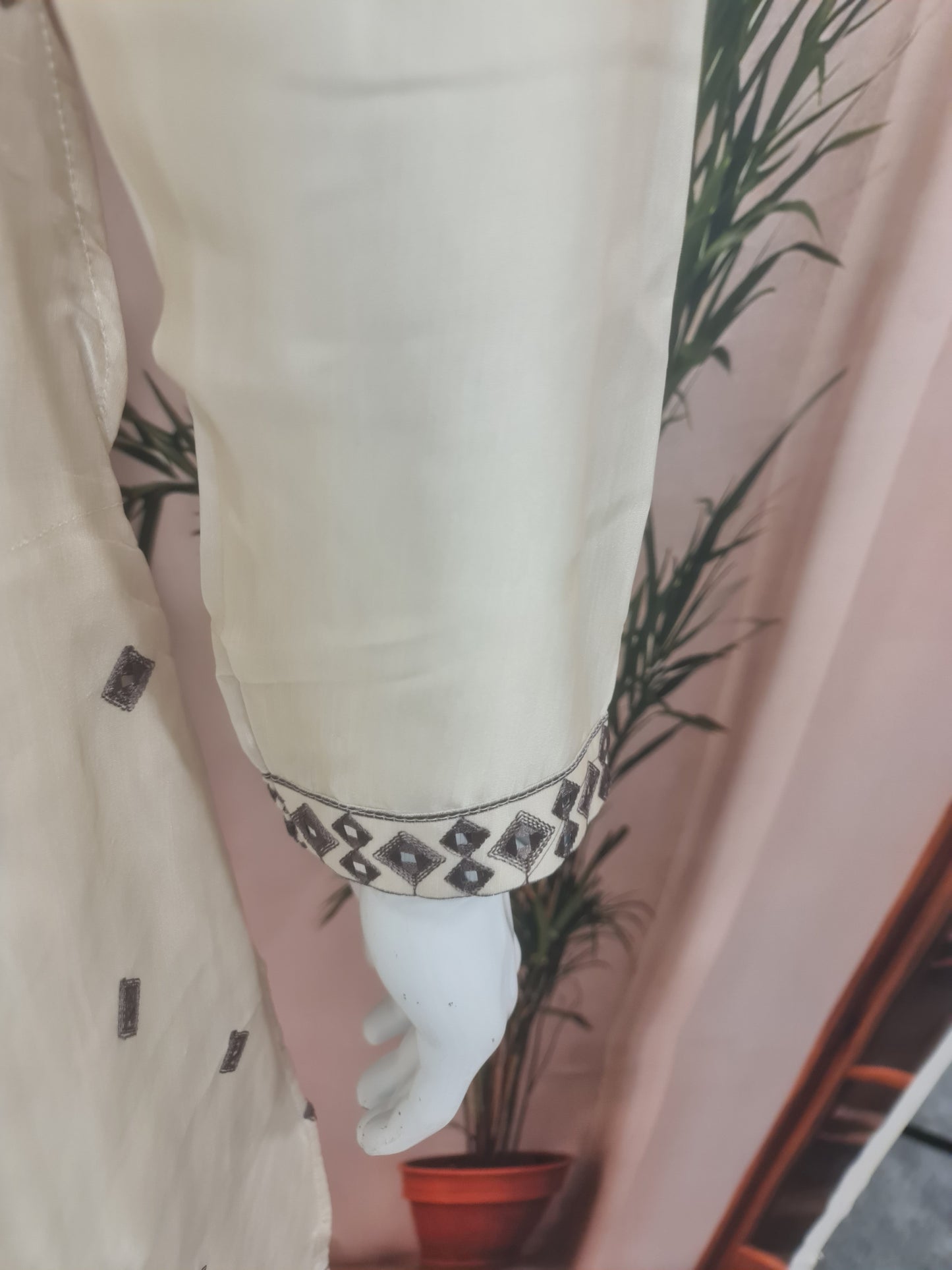 Elegant Ivory Men's Kurta with Geometric Neckline Embroidery | Kavlee Tradition Wear