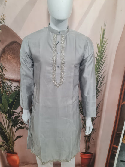 Elegant Light Grey Men's Kurta with Delicate Placket Embroidery | Kavlee Tradition Wear