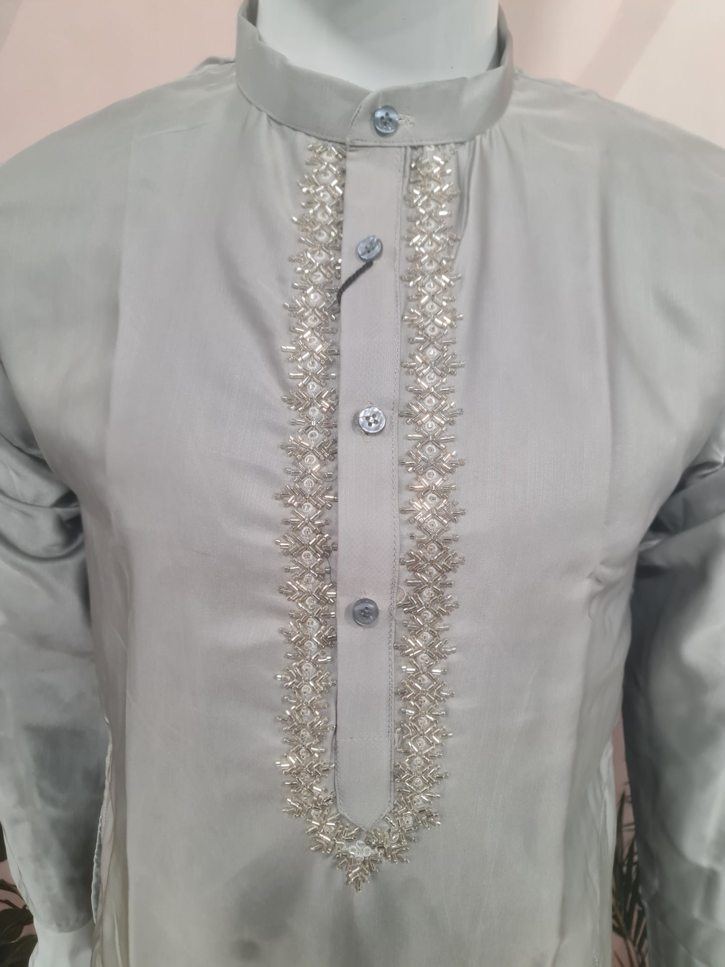 Elegant Light Grey Men's Kurta with Delicate Placket Embroidery | Kavlee Tradition Wear