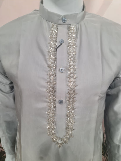 Elegant Light Grey Men's Kurta with Delicate Placket Embroidery | Kavlee Tradition Wear