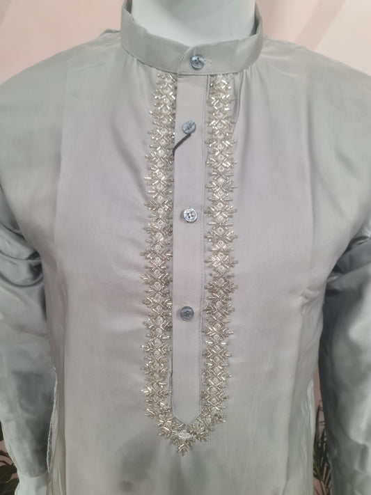 Elegant Light Grey Men's Kurta with Delicate Placket Embroidery | Kavlee Tradition Wear