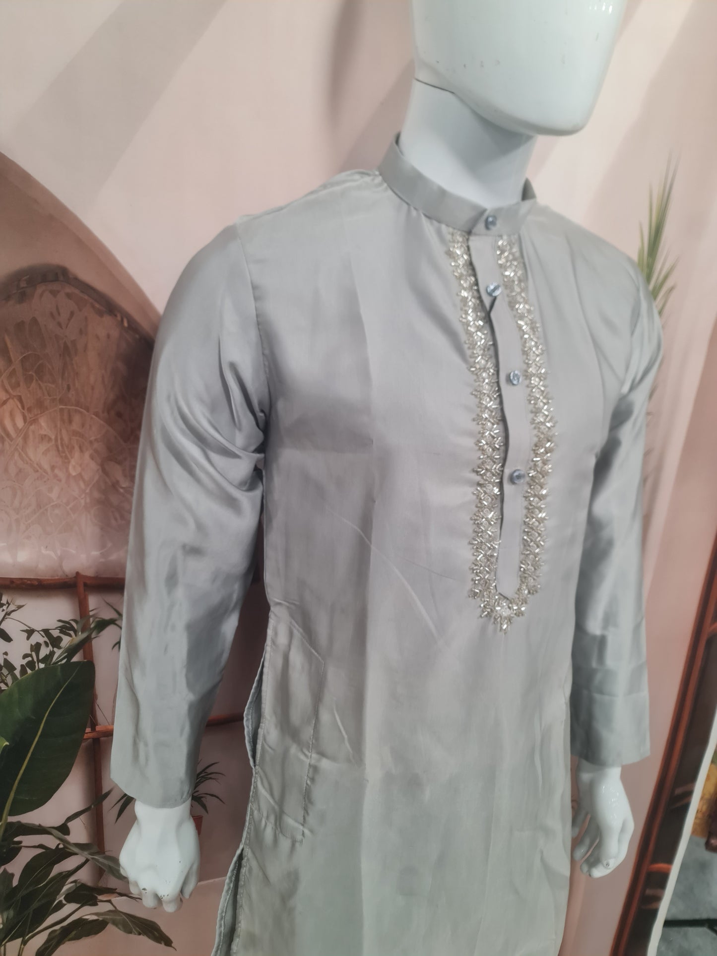 Elegant Light Grey Men's Kurta with Delicate Placket Embroidery | Kavlee Tradition Wear