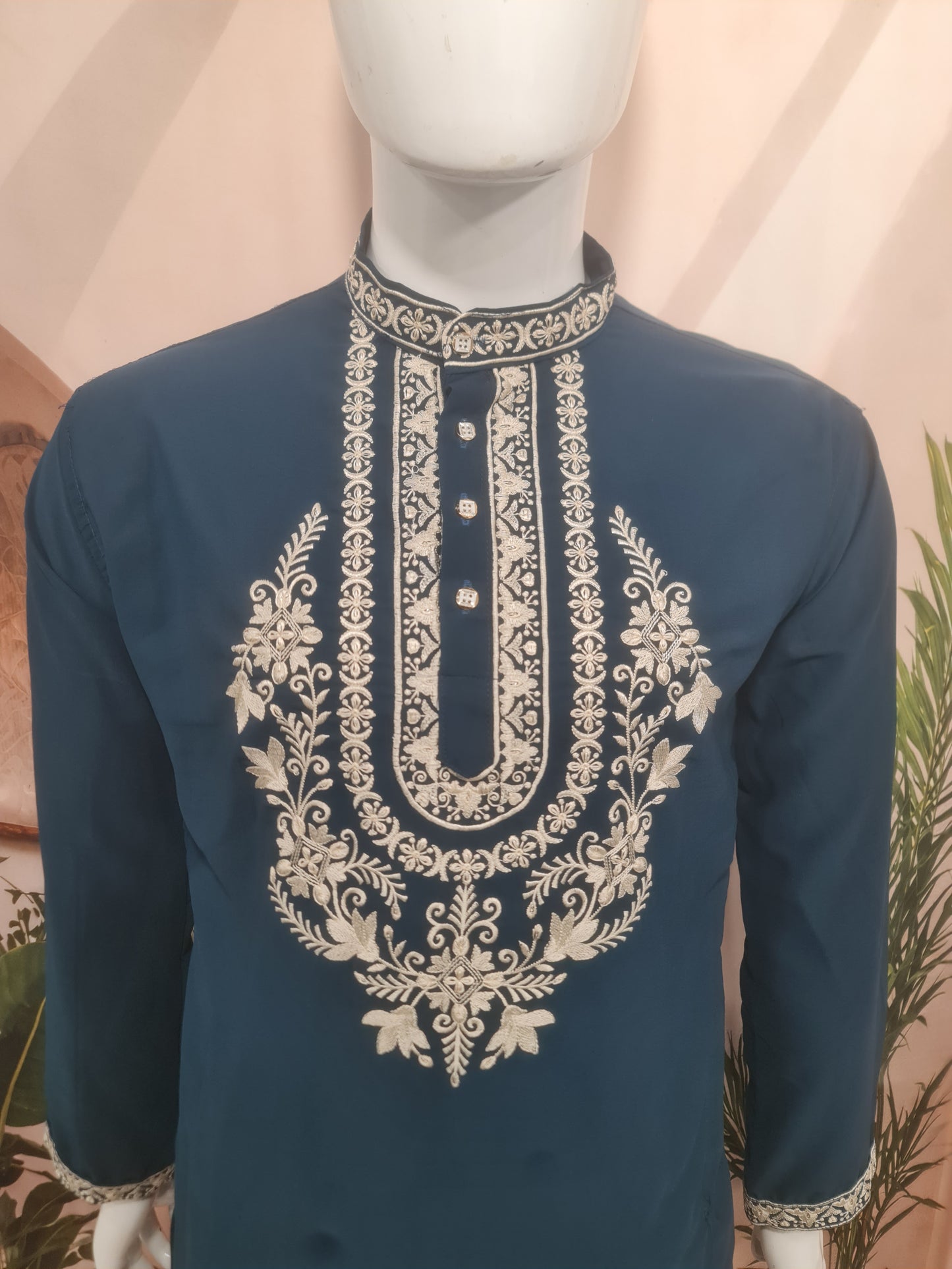 Premium Dark Teal Men's Kurta with Heavy Neckline Embroidery | Kavlee Tradition Wear