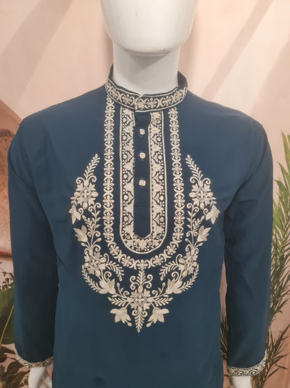 Premium Dark Teal Men's Kurta with Heavy Neckline Embroidery | Kavlee Tradition Wear