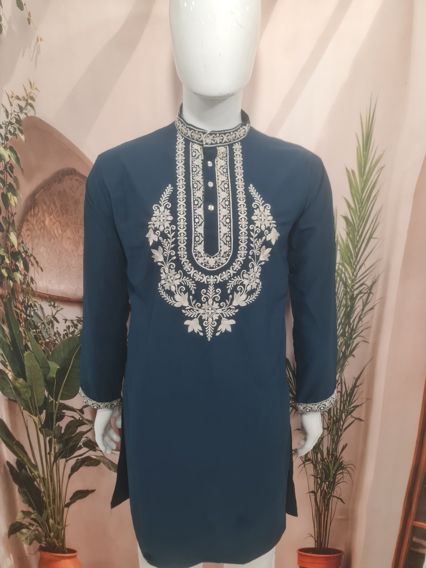 Premium Dark Teal Men's Kurta with Heavy Neckline Embroidery | Kavlee Tradition Wear
