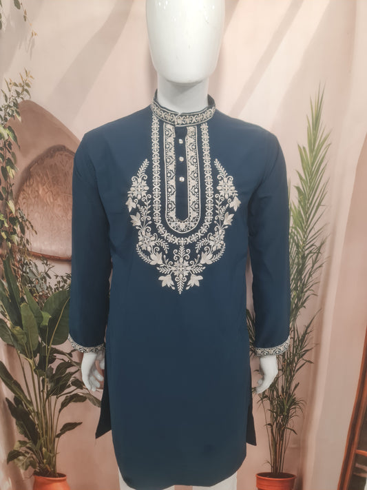 Premium Dark Teal Men's Kurta with Heavy Neckline Embroidery | Kavlee Tradition Wear