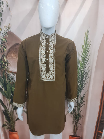 Premium Chocolate Brown Men's Kurta with Heavy White Embroidery | Kavlee Tradition Wear