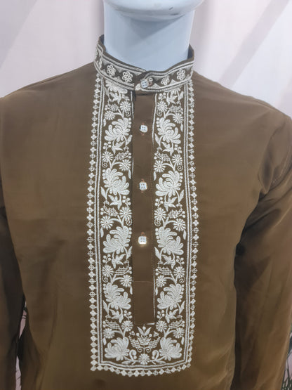 Premium Chocolate Brown Men's Kurta with Heavy White Embroidery | Kavlee Tradition Wear