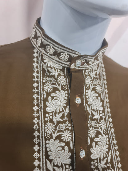 Premium Chocolate Brown Men's Kurta with Heavy White Embroidery | Kavlee Tradition Wear