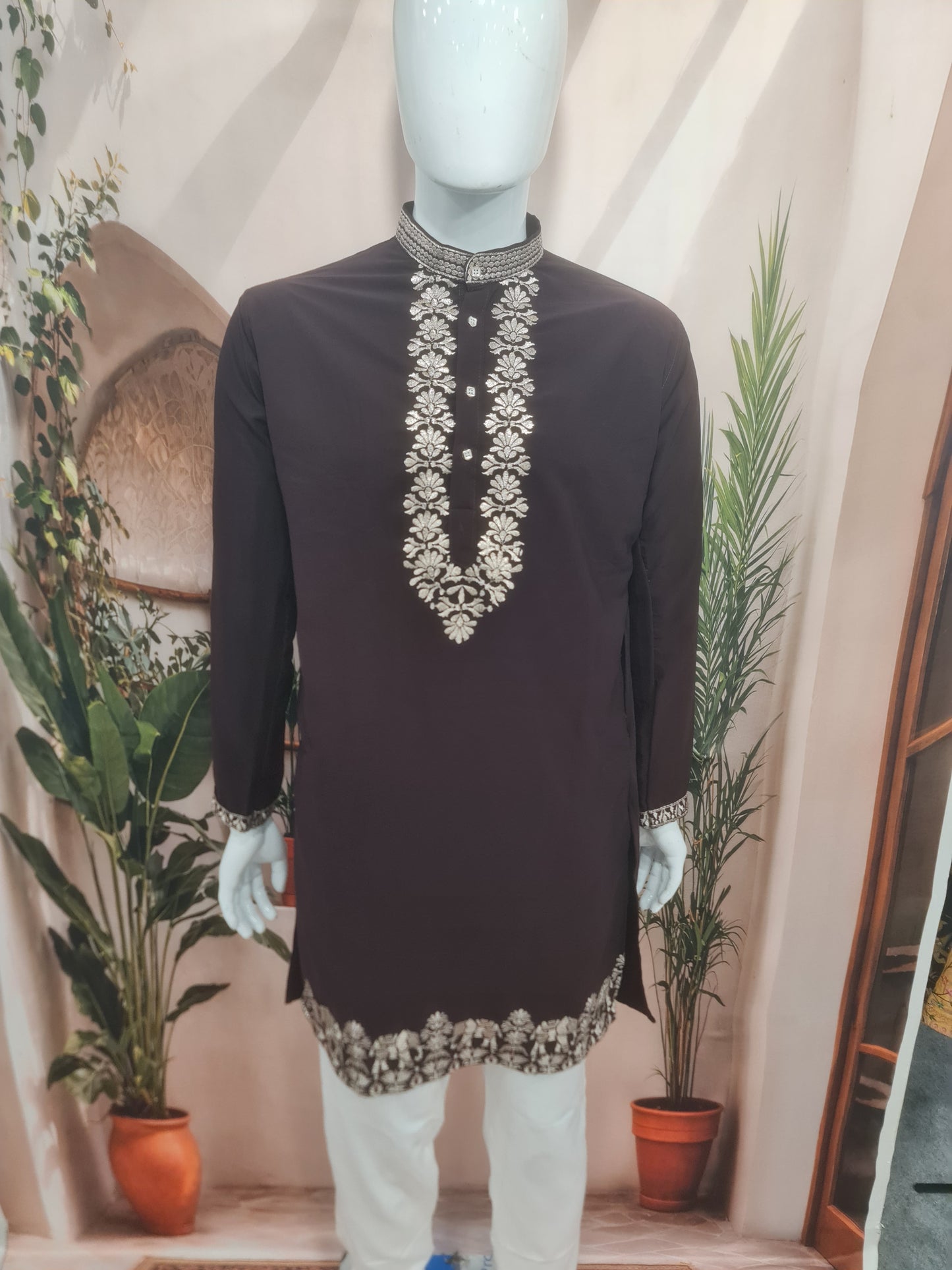 Premium Deep Maroon Men's Kurta with Silver Floral Embroidery | Kavlee Tradition Wear