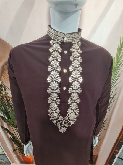 Premium Deep Maroon Men's Kurta with Silver Floral Embroidery | Kavlee Tradition Wear