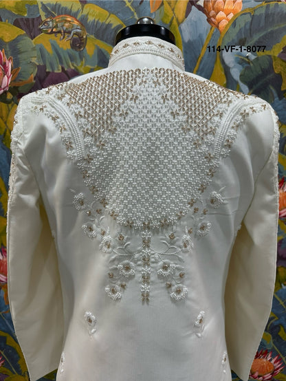 Men Premium White Heavy Embroidered Sherwani Fabric with Free Pant & Mojri – Unstitched Wedding Wear