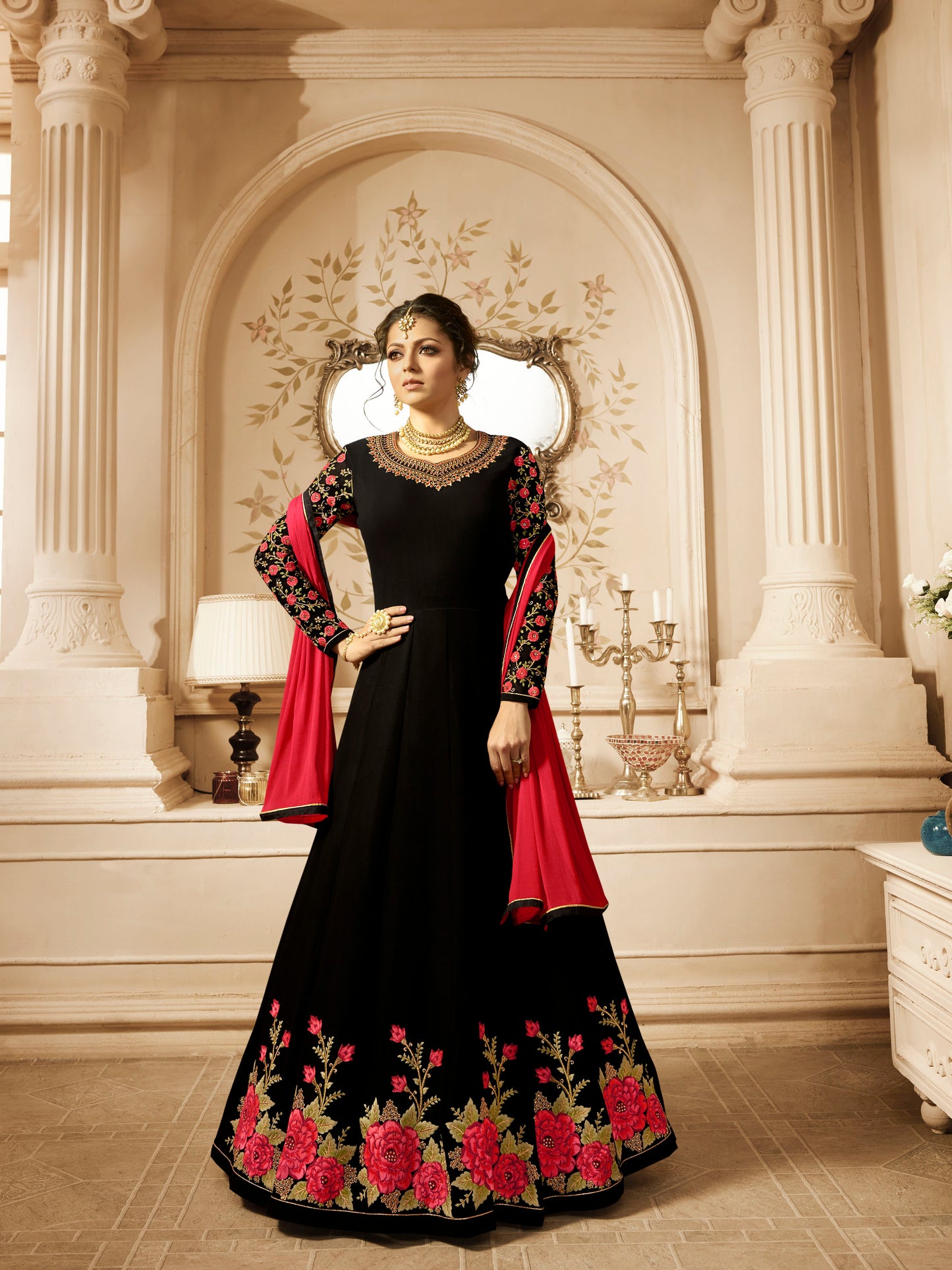 Stunning Jet Black Designer Gown with Golden Embroidery – 28080