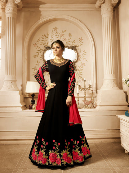 Stunning Jet Black Designer Gown with Golden Embroidery – 28080