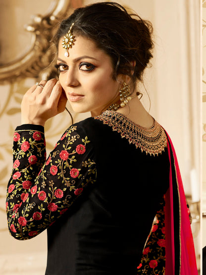 Stunning Jet Black Designer Gown with Golden Embroidery – 28080