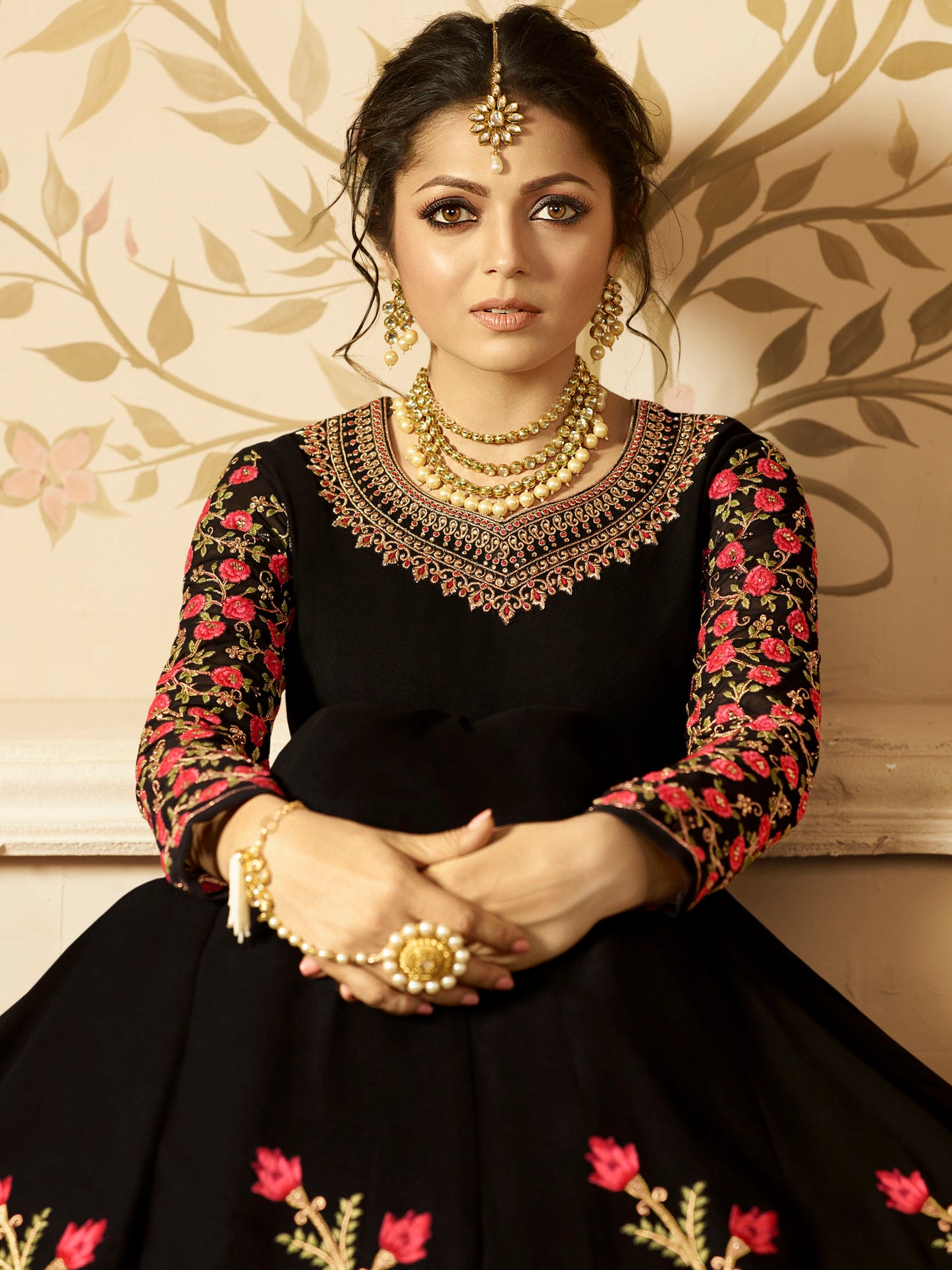 Stunning Jet Black Designer Gown with Golden Embroidery – 28080