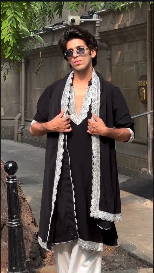 Premium Black Neck-Work Heavy Armani  Kurta Set with Silver Embroidered Dupatta for Men