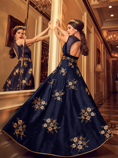 Premium Blue Banglori Silk Embroidered Unstitched Gown - 30026