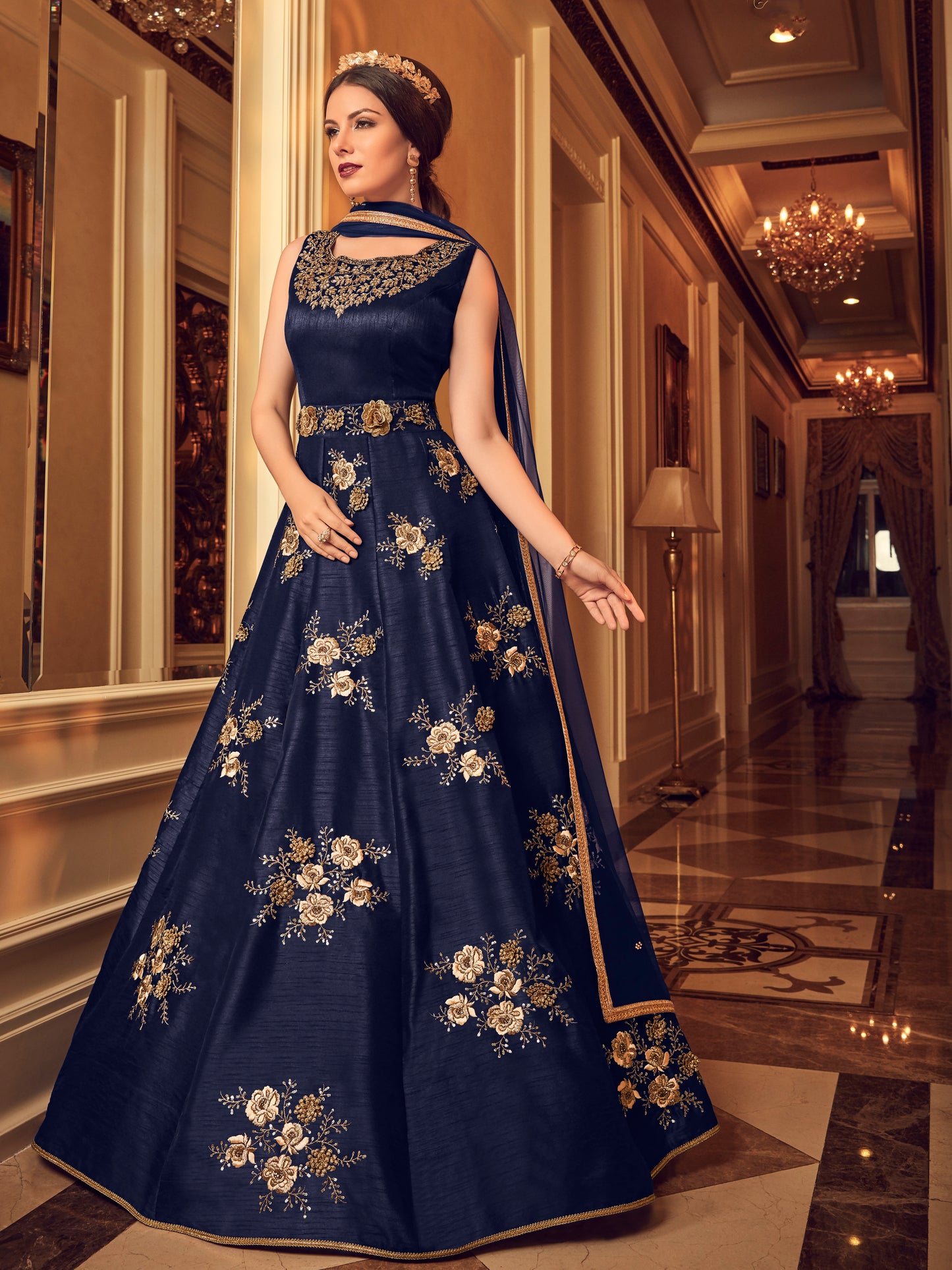 Premium Blue Banglori Silk Embroidered Unstitched Gown - 30026