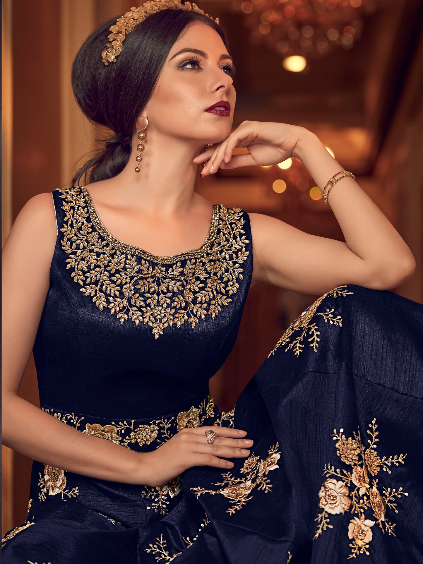 Premium Blue Banglori Silk Embroidered Unstitched Gown - 30026