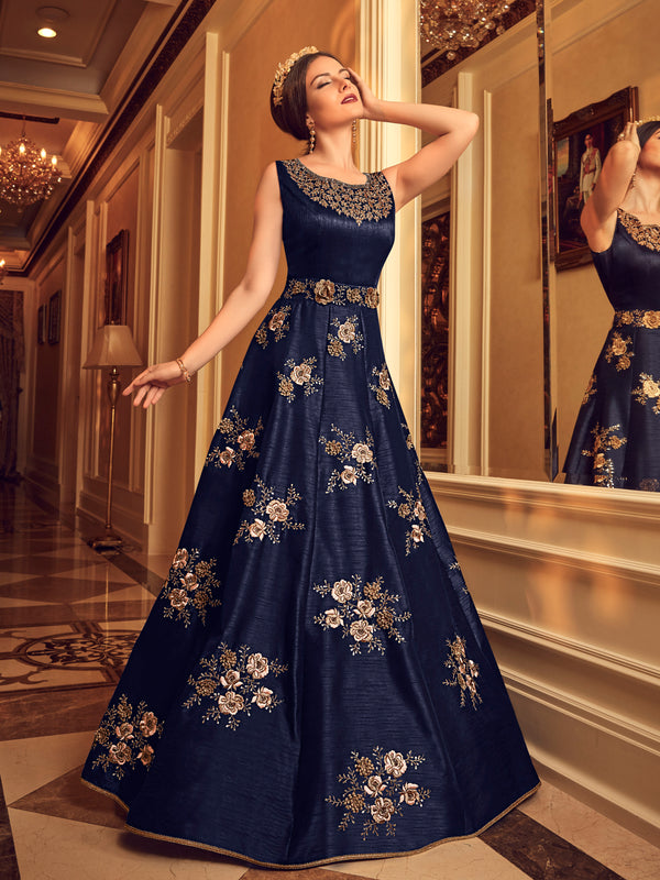 Premium Blue Banglori Silk Embroidered Unstitched Gown - 30026
