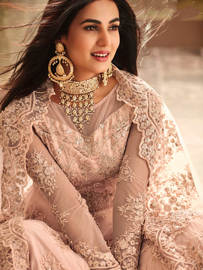 Premium Peach Soft Net Embellished Unstitched Gown - 30033