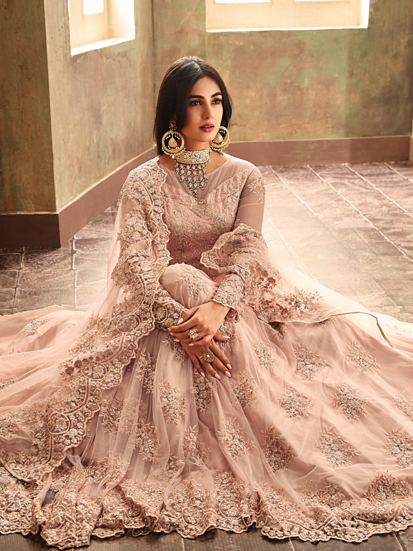 Premium Peach Soft Net Embellished Unstitched Gown - 30033