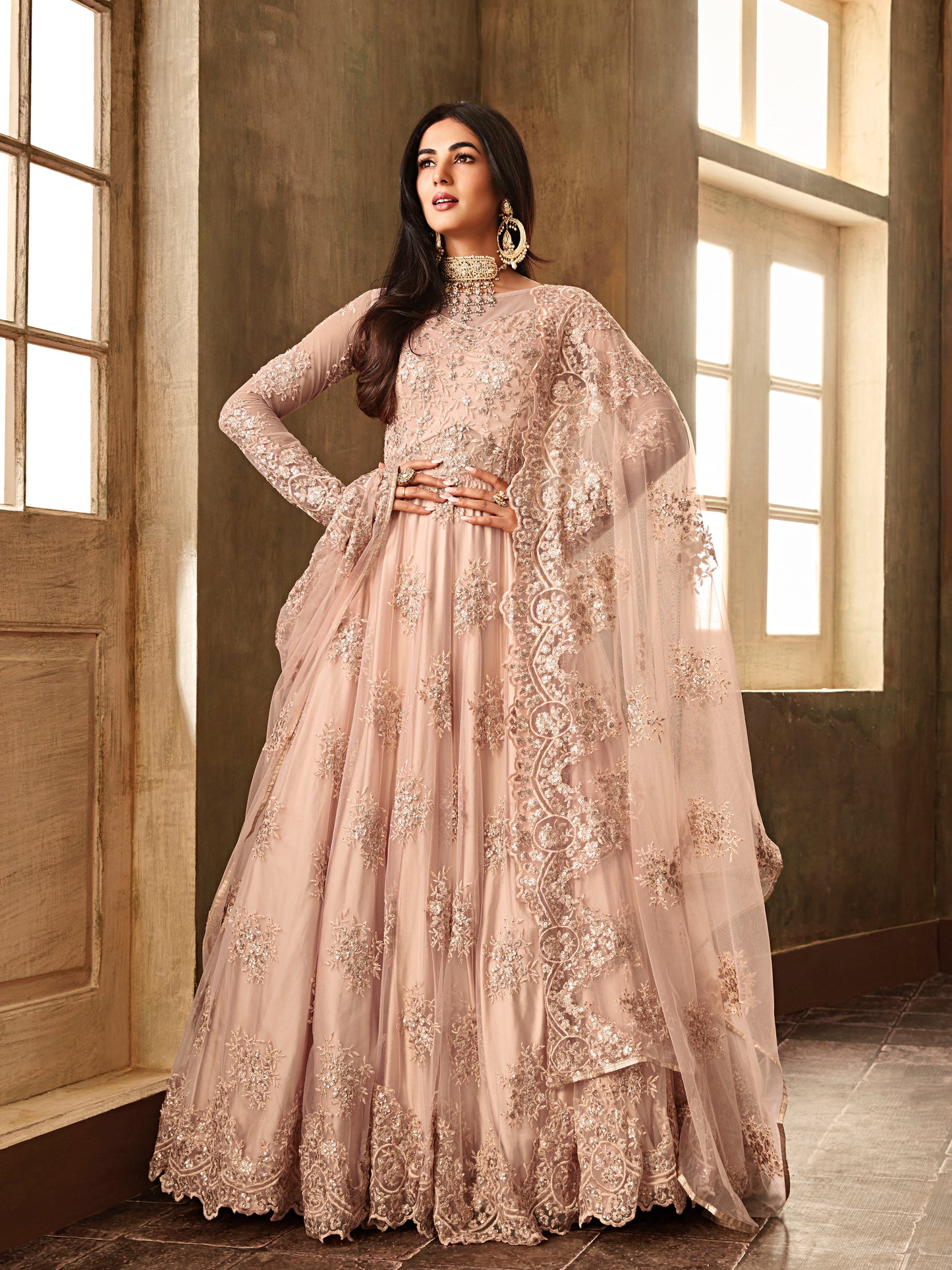 Premium Peach Soft Net Embellished Unstitched Gown - 30033