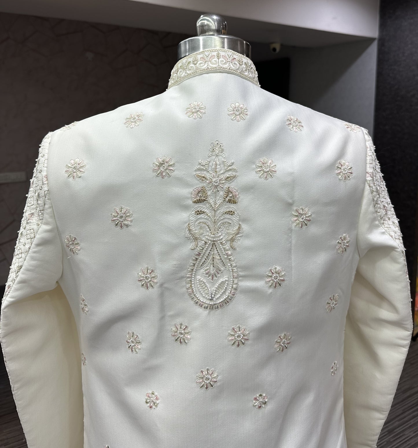Premium White Hand-Embroidered Unstitched Sherwani Set with Waist Belt & Pant