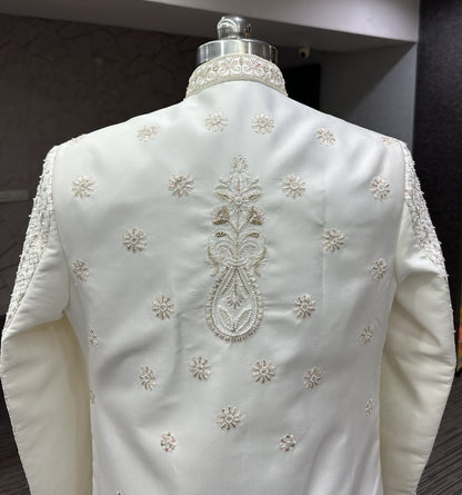Premium White Hand-Embroidered Unstitched Sherwani Set with Waist Belt & Pant