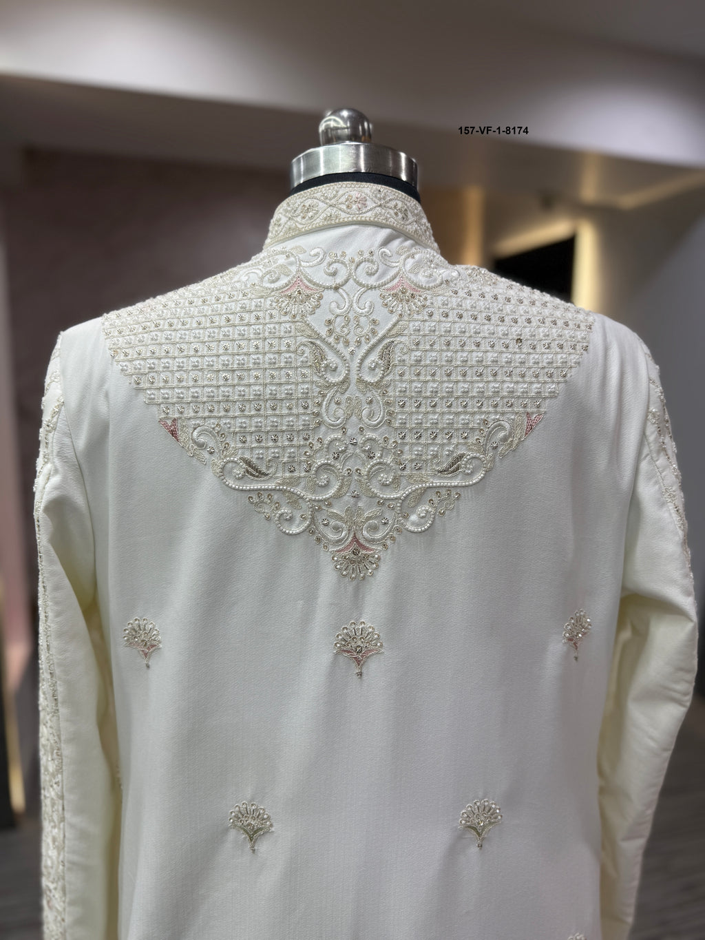 Premium Cream Royal Sherwani with Belt, Dupatta & Mojri | Devine Touch | Free Pants | Kavlee