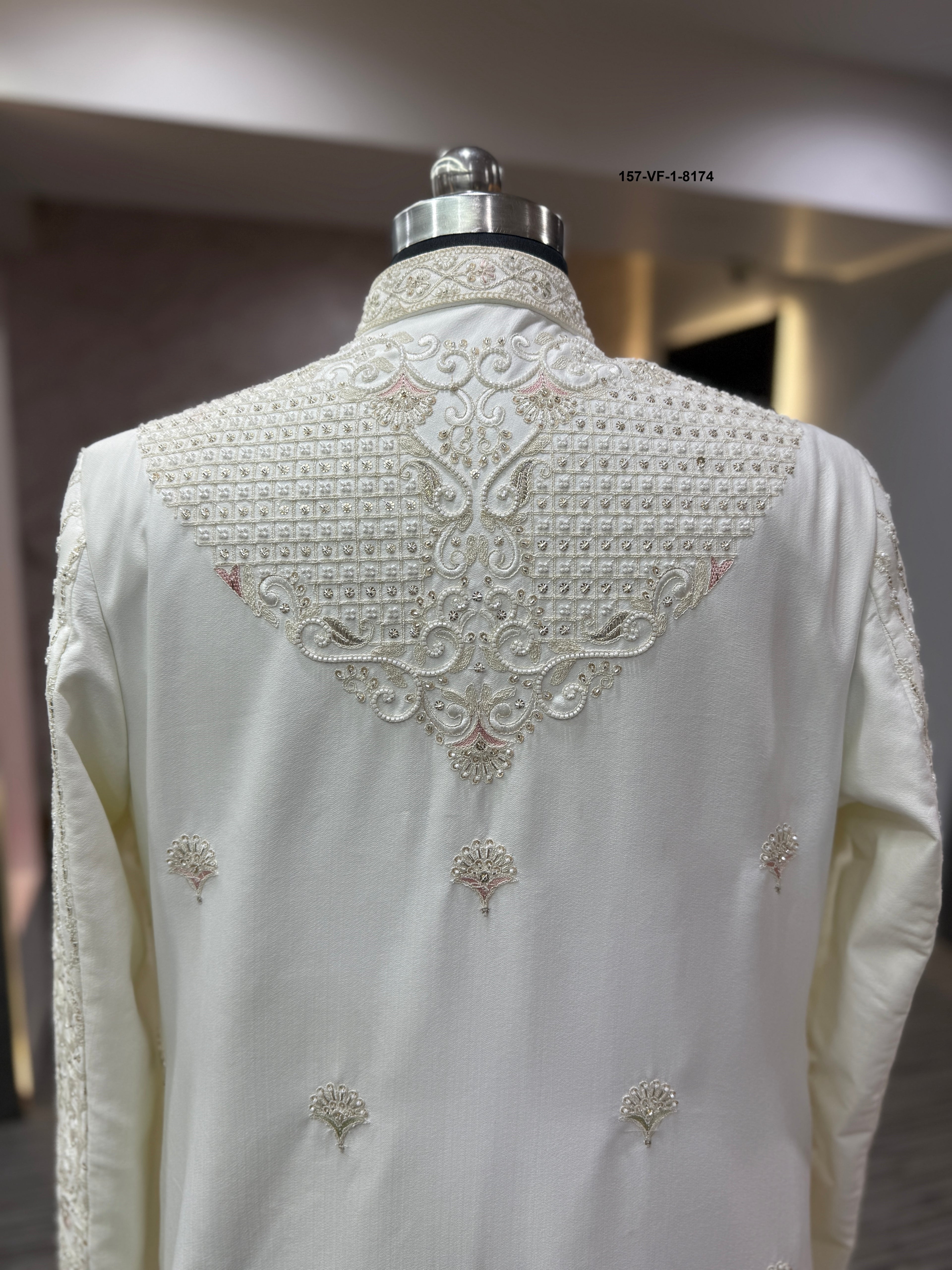 Premium Cream Royal Sherwani with Belt, Dupatta & Mojri | Devine Touch | Free Pants | Kavlee