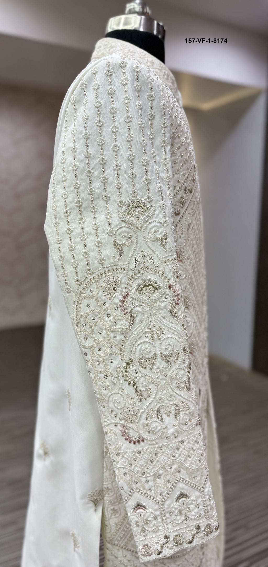 Premium Cream Royal Sherwani with Belt, Dupatta & Mojri | Devine Touch | Free Pants | Kavlee