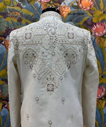 Men Premium Cream Heavy Embroidered Sherwani Fabric with Free Pant & Kamar Belt – Unstitched Wedding Wear