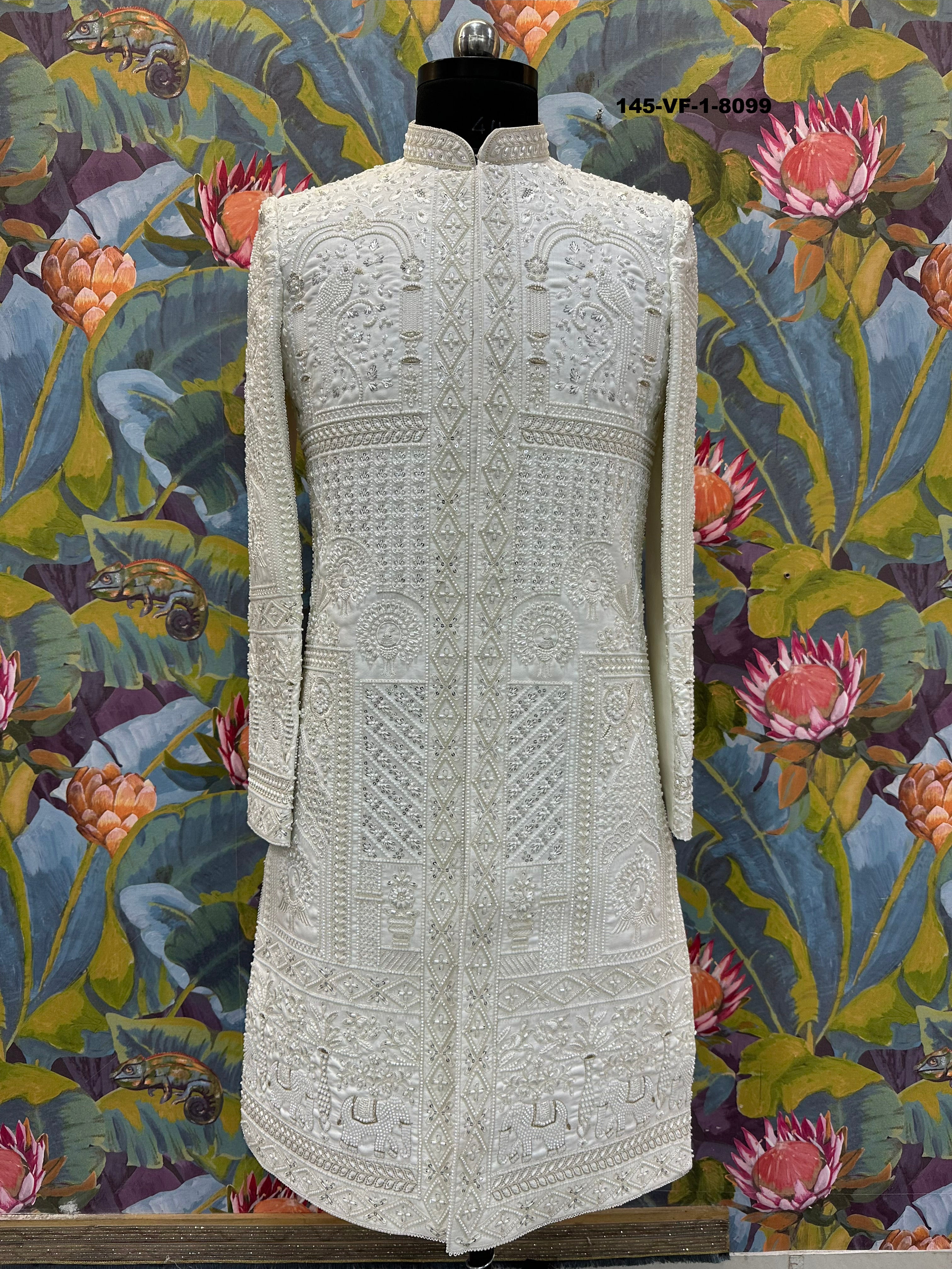 Men Premium Cream Heavy Embroidered Sherwani Fabric with Free Pant & Kamar Belt – Unstitched Wedding Wear