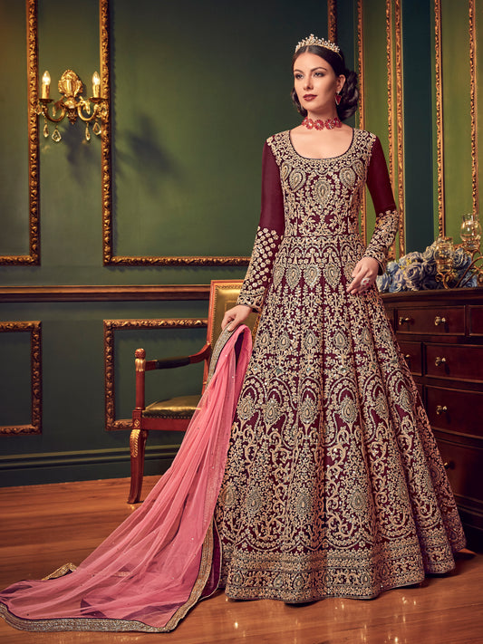 Deep Maroon Heavy Embroidered Bridal Gown with Pink Dupatta - 59020