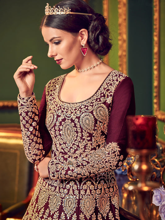 Premium Dark Brown Silk Embroidered Unstitched Gown - 59020