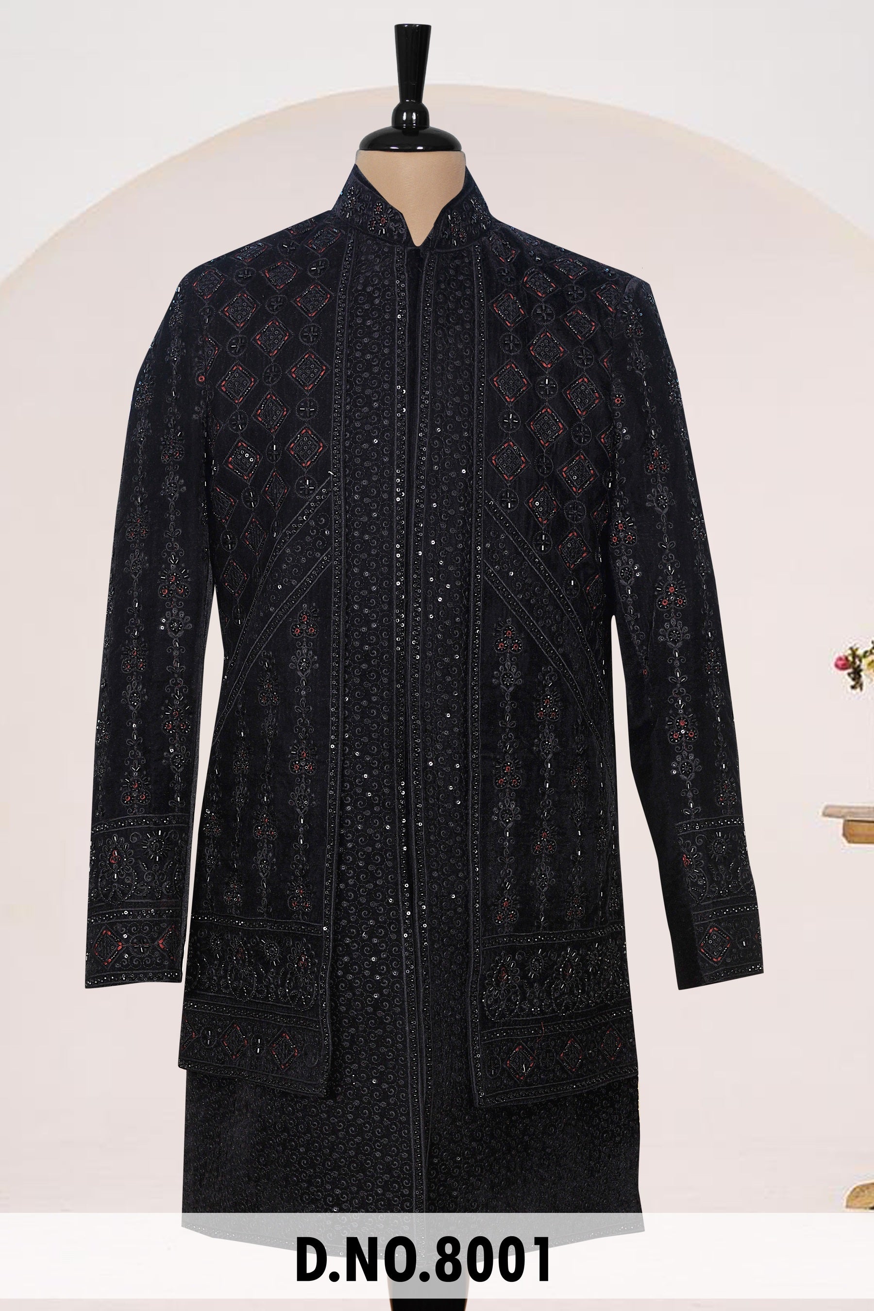 Men Black Velvet Indo Sherwani – Unstitched Premium Wedding Wear