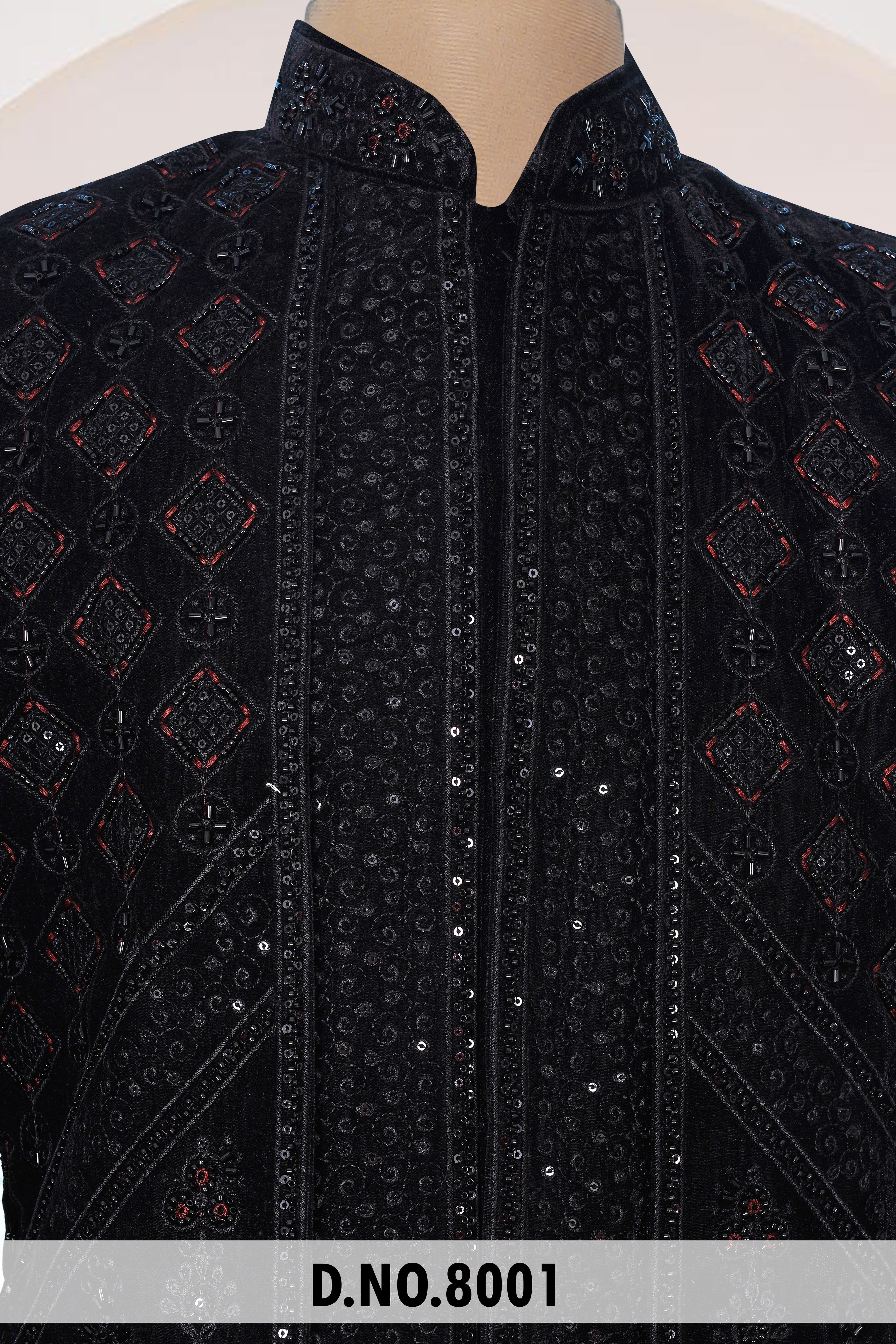 Men Black Velvet Indo Sherwani – Unstitched Premium Wedding Wear