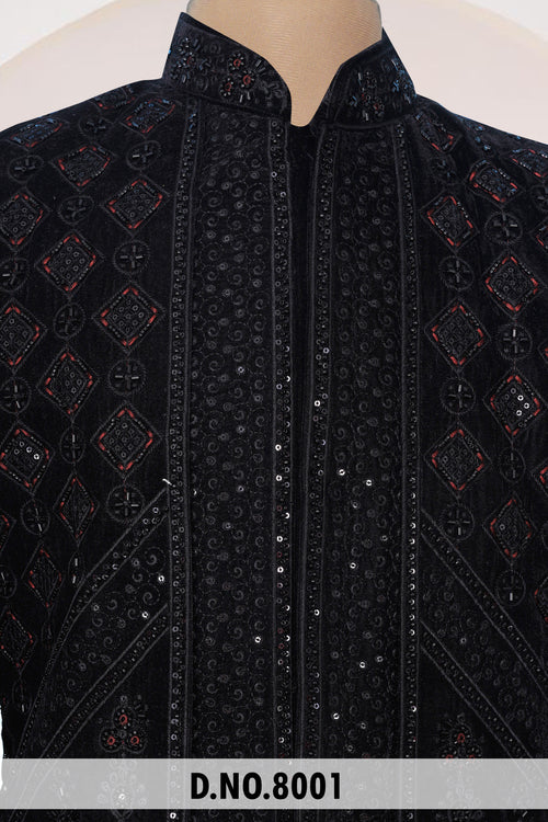 Men Black Velvet Indo Sherwani – Unstitched Premium Wedding Wear